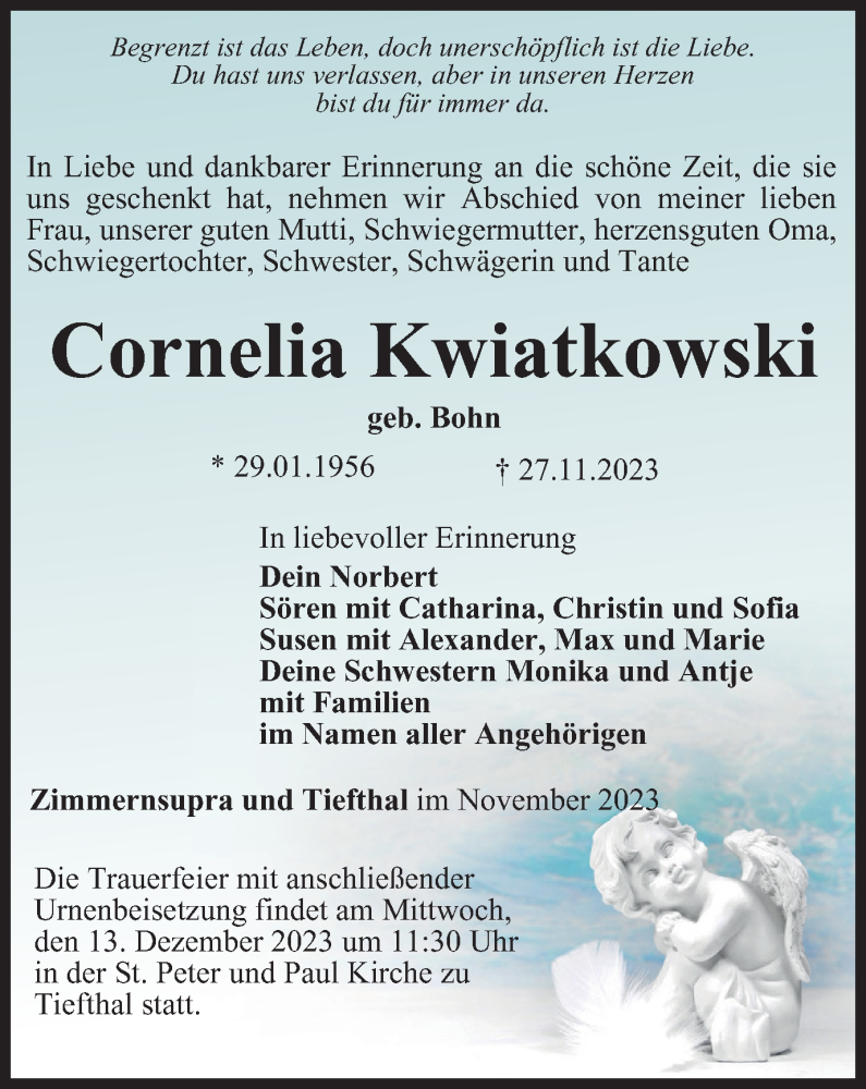  Traueranzeige für Cornelia Kwiatkowski vom 02.12.2023 aus Thüringer Allgemeine, Thüringische Landeszeitung