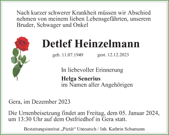 Traueranzeige von Detlef Heinzelmann von Ostthüringer Zeitung