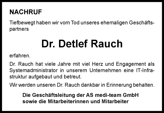 Traueranzeige von Detlef Rauch von Thüringer Allgemeine, Thüringische Landeszeitung