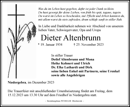 Traueranzeige von Dieter Altenbrunn von Thüringer Allgemeine