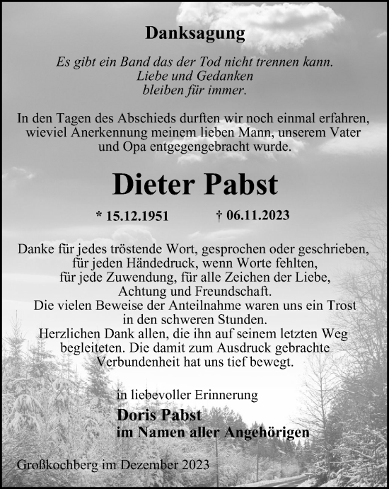 Traueranzeige von Dieter Pabst von Ostthüringer Zeitung