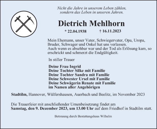 Traueranzeige von Dietrich Mehlhorn von Thüringer Allgemeine