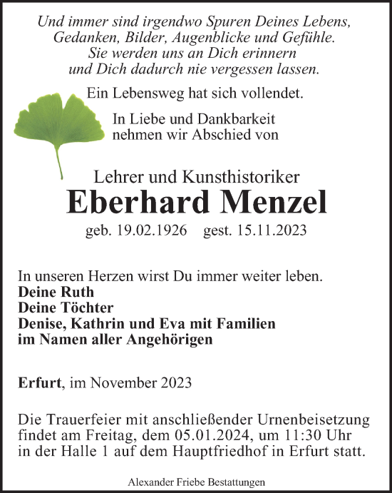 Traueranzeige von Eberhard Menzel