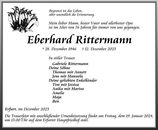 Traueranzeige von Eberhard Rittermann