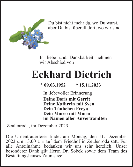 Traueranzeige von Eckhard Dietrich von Ostthüringer Zeitung