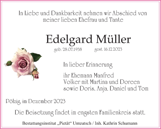 Traueranzeige von Edelgard Müller von Ostthüringer Zeitung