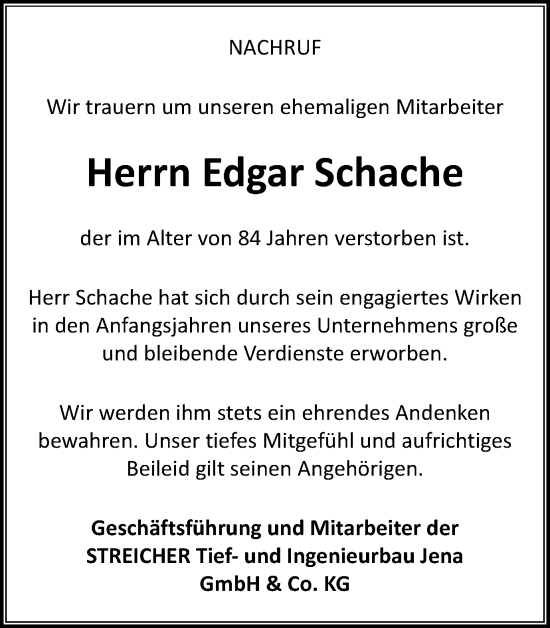 Traueranzeige von Edgar Schache von Ostthüringer Zeitung
