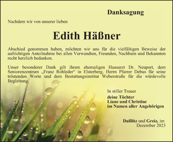 Traueranzeige von Edith Häßner