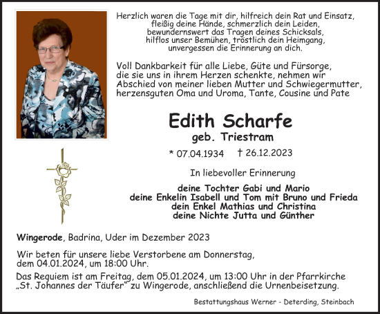 Traueranzeige von Edith Scharfe von Thüringer Allgemeine