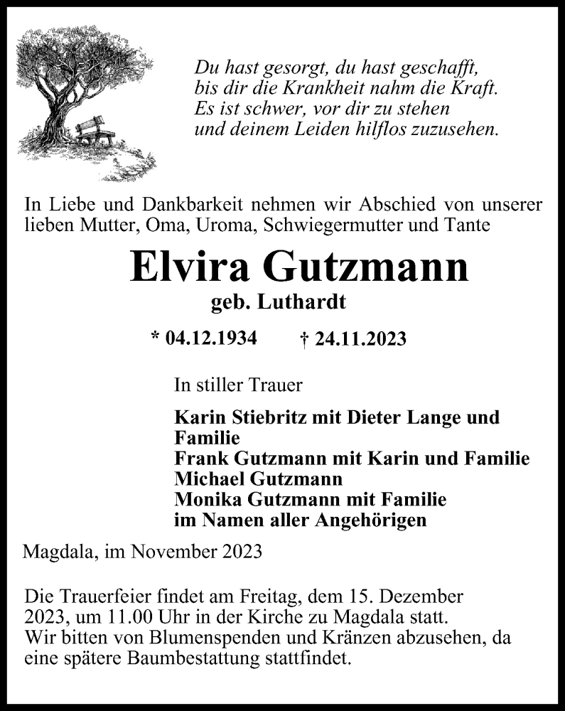  Traueranzeige für Elvira Gutzmann vom 02.12.2023 aus Thüringer Allgemeine, Thüringische Landeszeitung