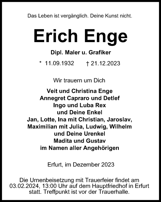 Traueranzeige von Erich Enge von Thüringer Allgemeine, Thüringische Landeszeitung