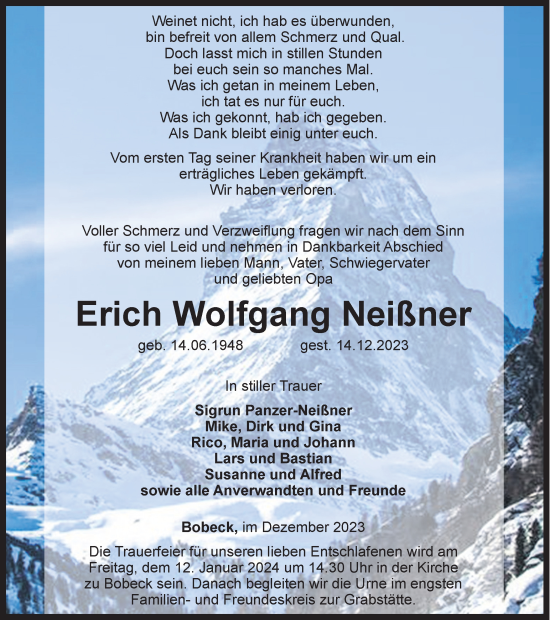 Traueranzeige von Erich Neißner von Ostthüringer Zeitung