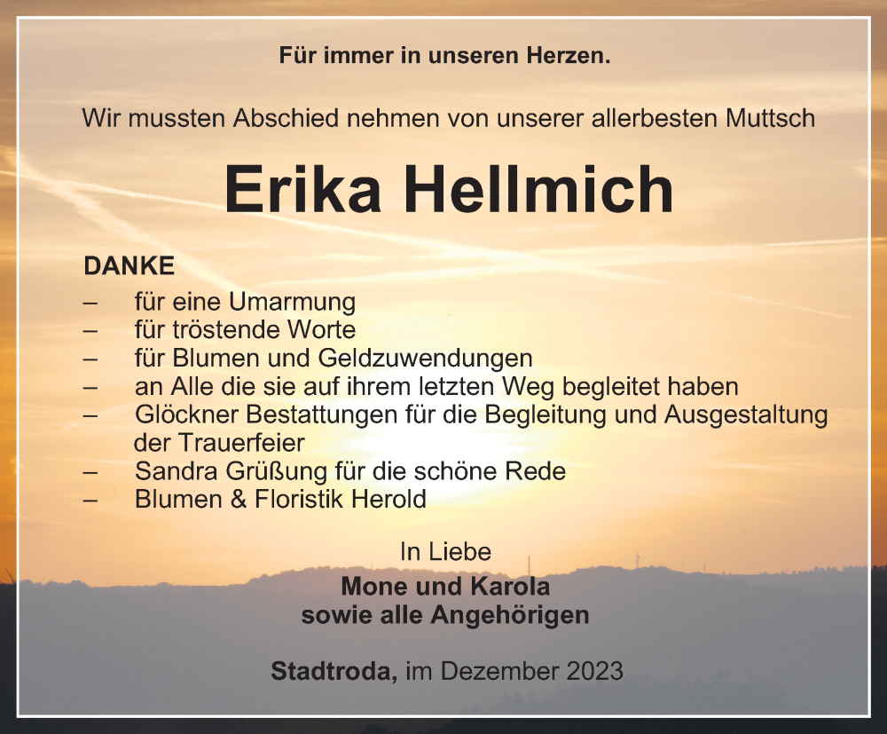  Traueranzeige für Erika Hellmich vom 02.12.2023 aus Ostthüringer Zeitung