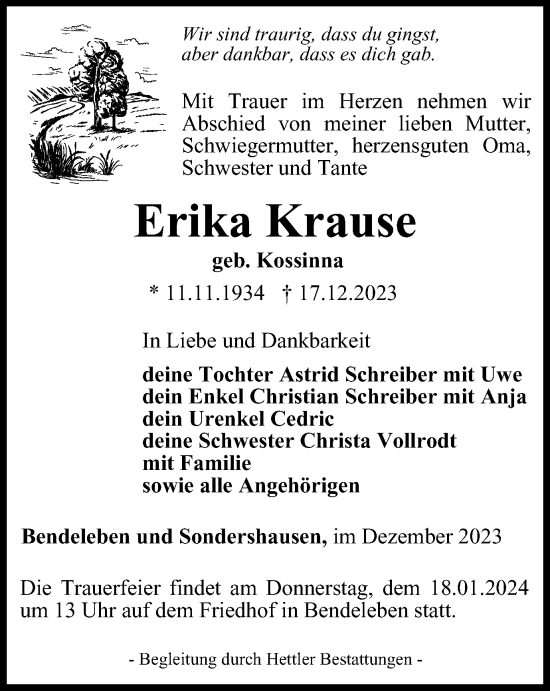 Traueranzeige von Erika Krause von Thüringer Allgemeine