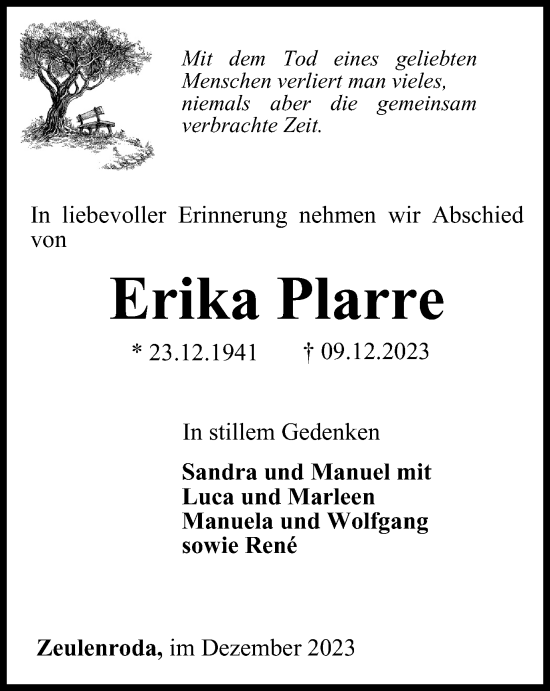 Traueranzeige von Erika Plarre von Ostthüringer Zeitung