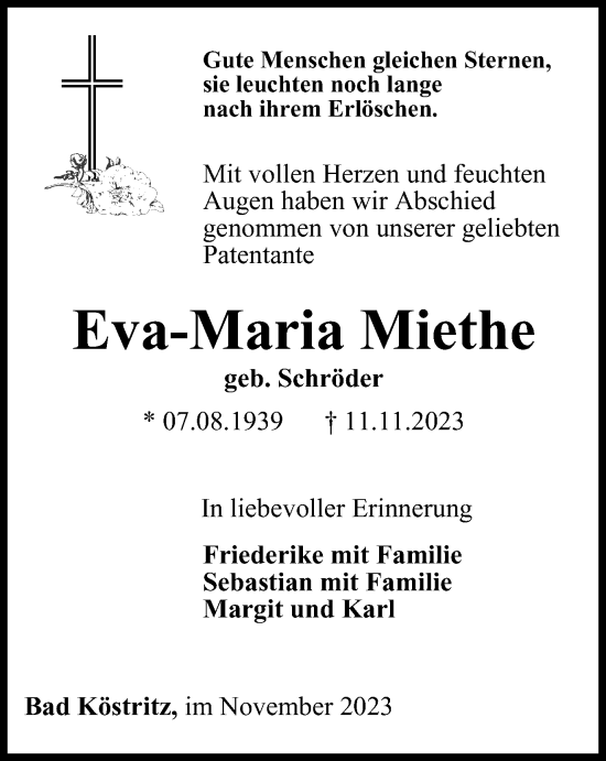 Traueranzeige von Eva-Maria Miethe von Ostthüringer Zeitung