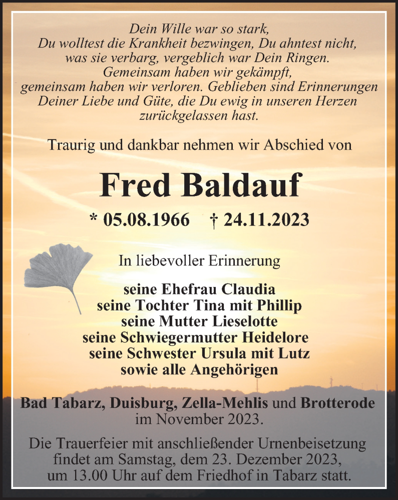  Traueranzeige für Fred Baldauf vom 02.12.2023 aus Thüringer Allgemeine, Thüringische Landeszeitung