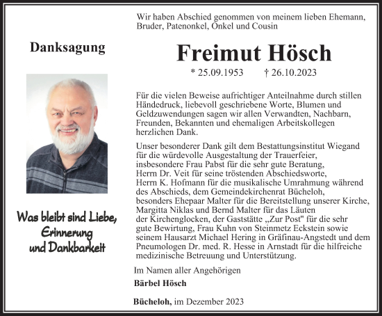 Traueranzeige von Freimut Hösch von Thüringer Allgemeine