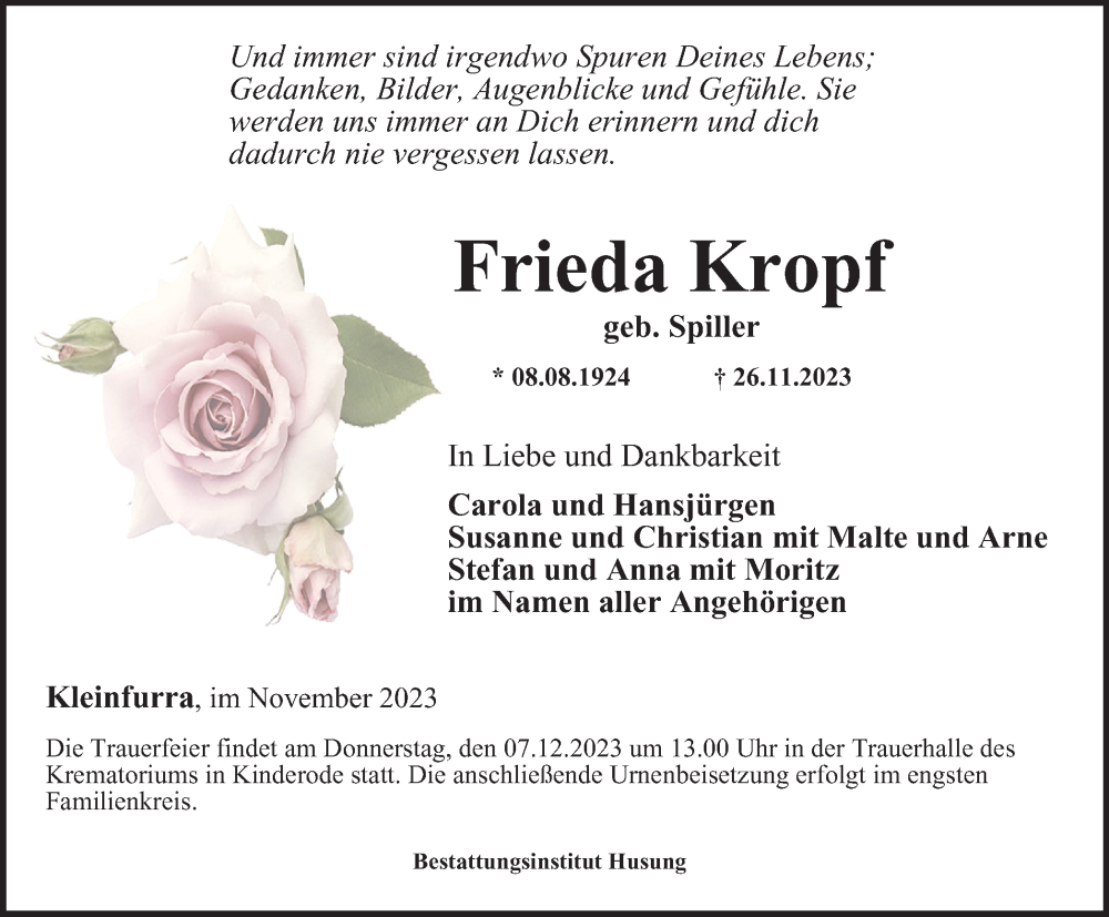  Traueranzeige für Frieda Kropf vom 02.12.2023 aus Thüringer Allgemeine