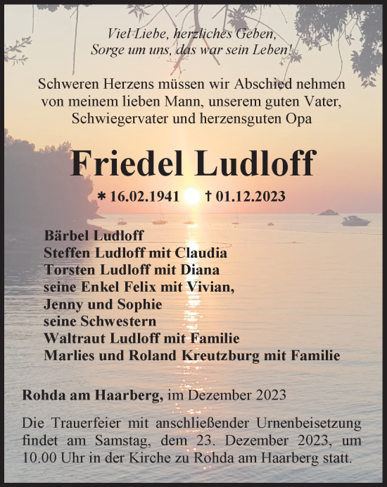 Traueranzeige von Friedel Ludloff von Thüringer Allgemeine, Thüringische Landeszeitung