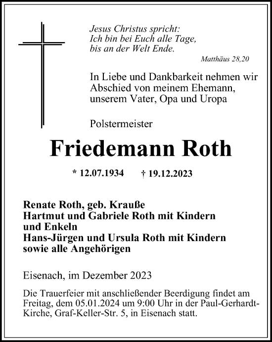 Traueranzeige von Friedemann Roth von Thüringer Allgemeine, Thüringische Landeszeitung