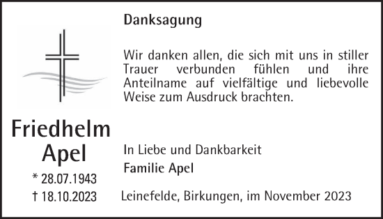 Traueranzeige von Friedhelm Apel von Thüringer Allgemeine