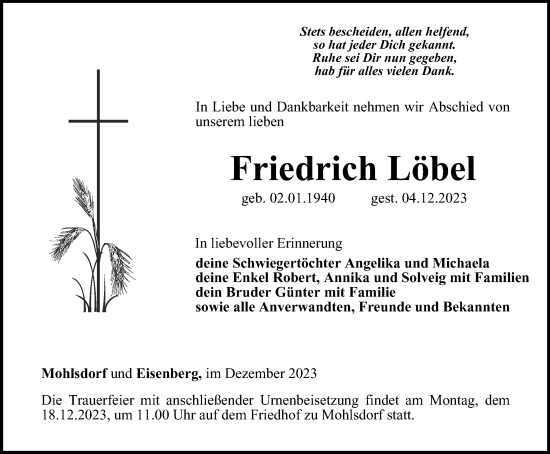 Traueranzeige von Friedrich Löbel