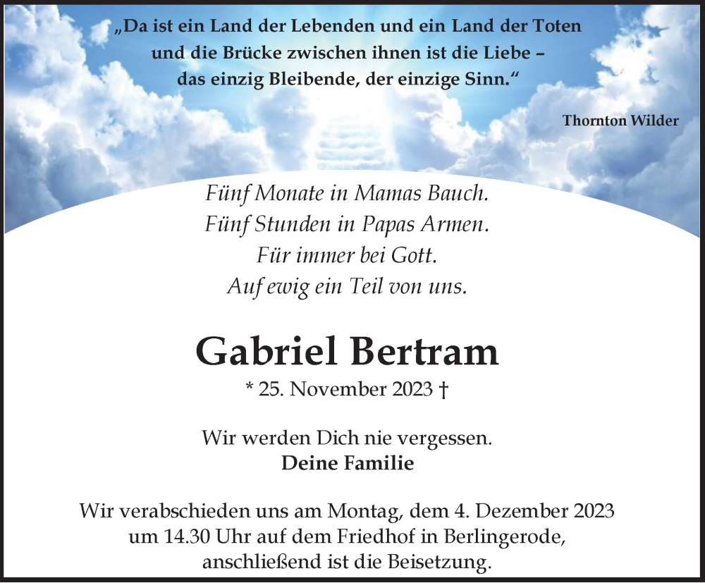  Traueranzeige für Gabriel Bertram vom 02.12.2023 aus Thüringer Allgemeine