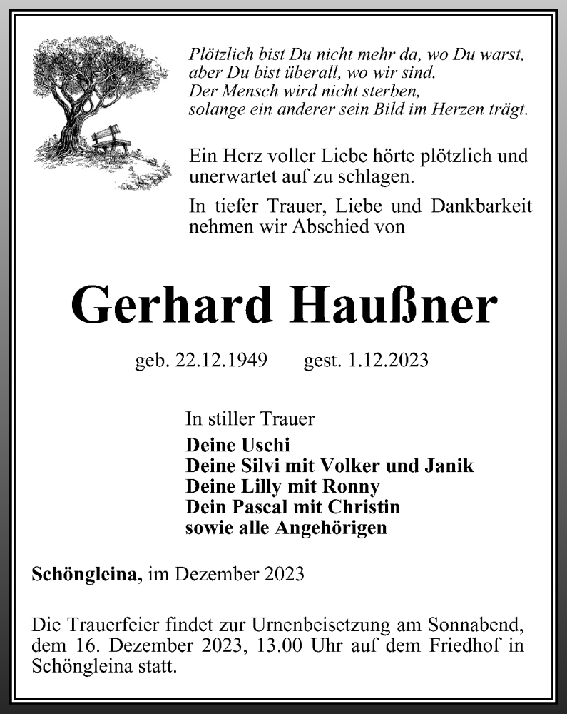  Traueranzeige für Gerhard Haußner vom 09.12.2023 aus Ostthüringer Zeitung