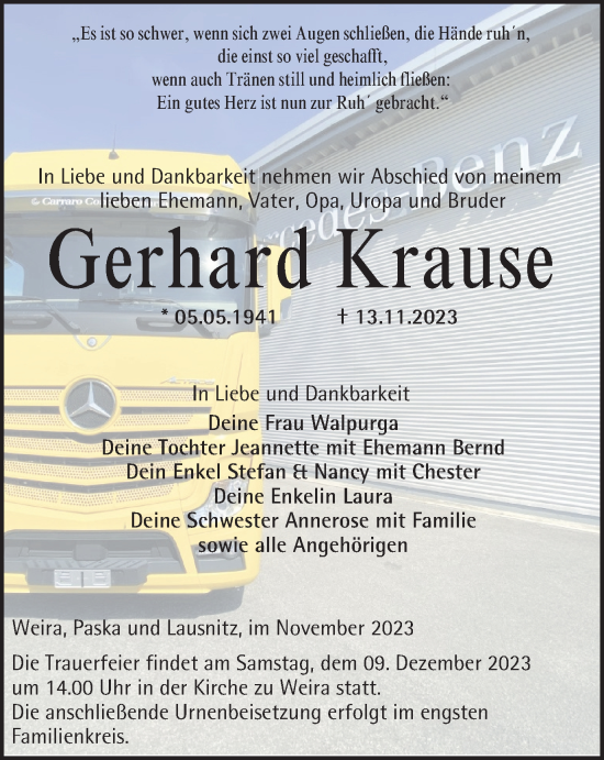 Traueranzeige von Gerhard Krause