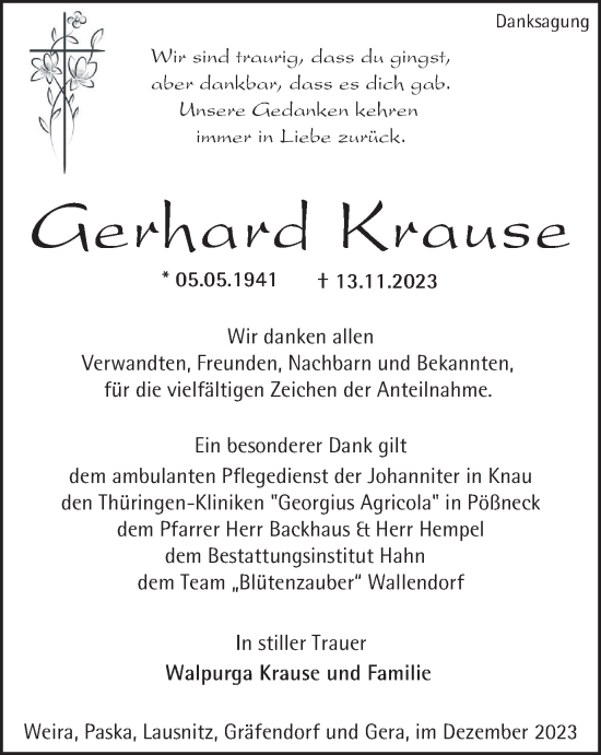 Traueranzeige von Gerhard Krause von Ostthüringer Zeitung