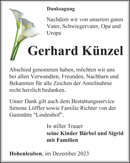 Traueranzeige von Gerhard Künzel von Ostthüringer Zeitung