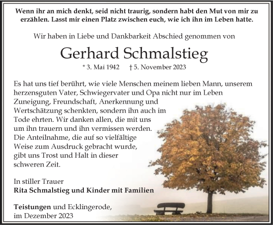 Traueranzeige von Gerhard Schmalstieg von Thüringer Allgemeine