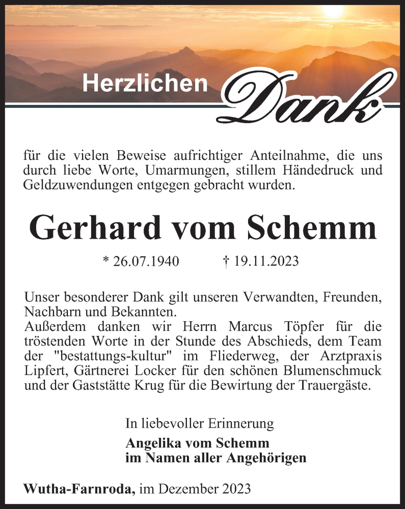  Traueranzeige für Gerhard vom Schemm vom 23.12.2023 aus Thüringer Allgemeine, Thüringische Landeszeitung