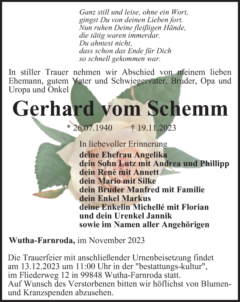  Traueranzeige für Gerhard vom Schemm vom 02.12.2023 aus Thüringer Allgemeine, Thüringische Landeszeitung