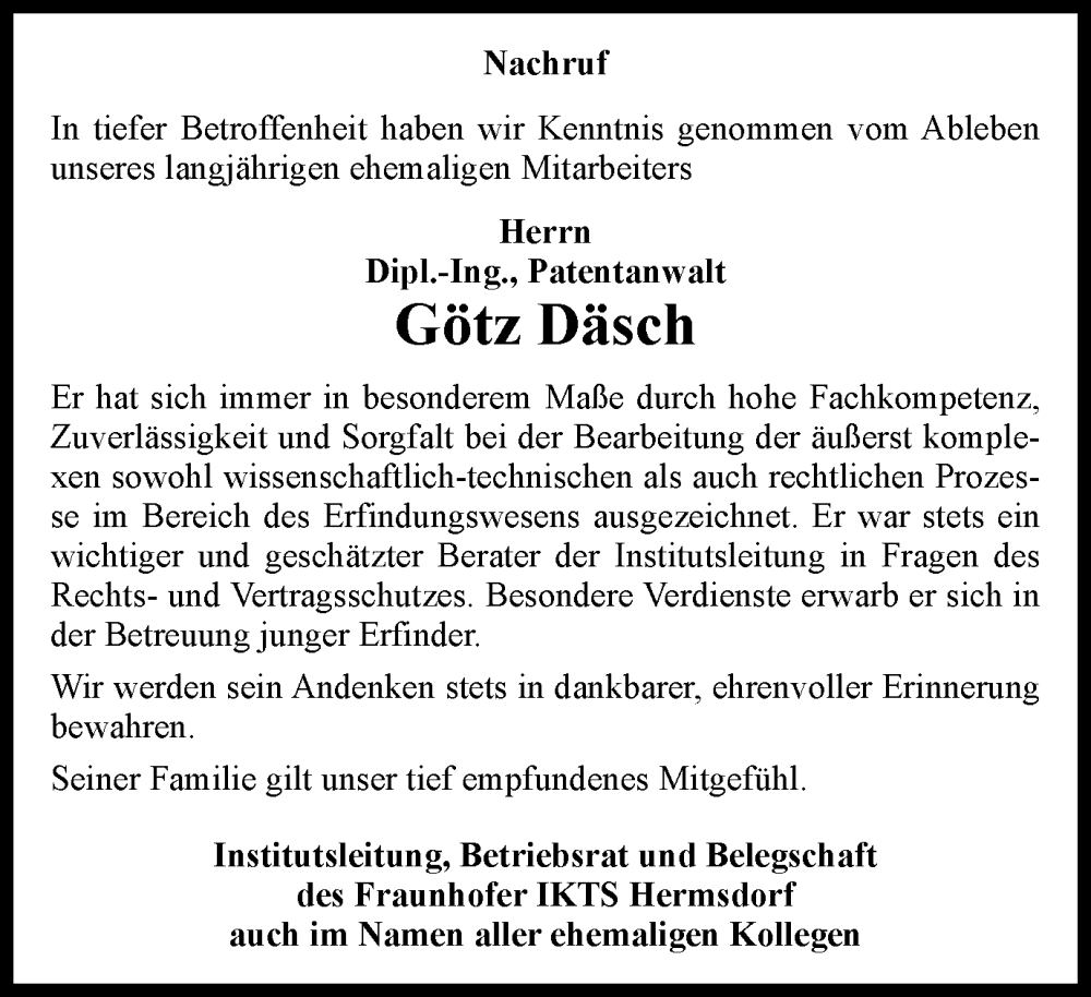  Traueranzeige für Götz Däsch vom 23.12.2023 aus Ostthüringer Zeitung