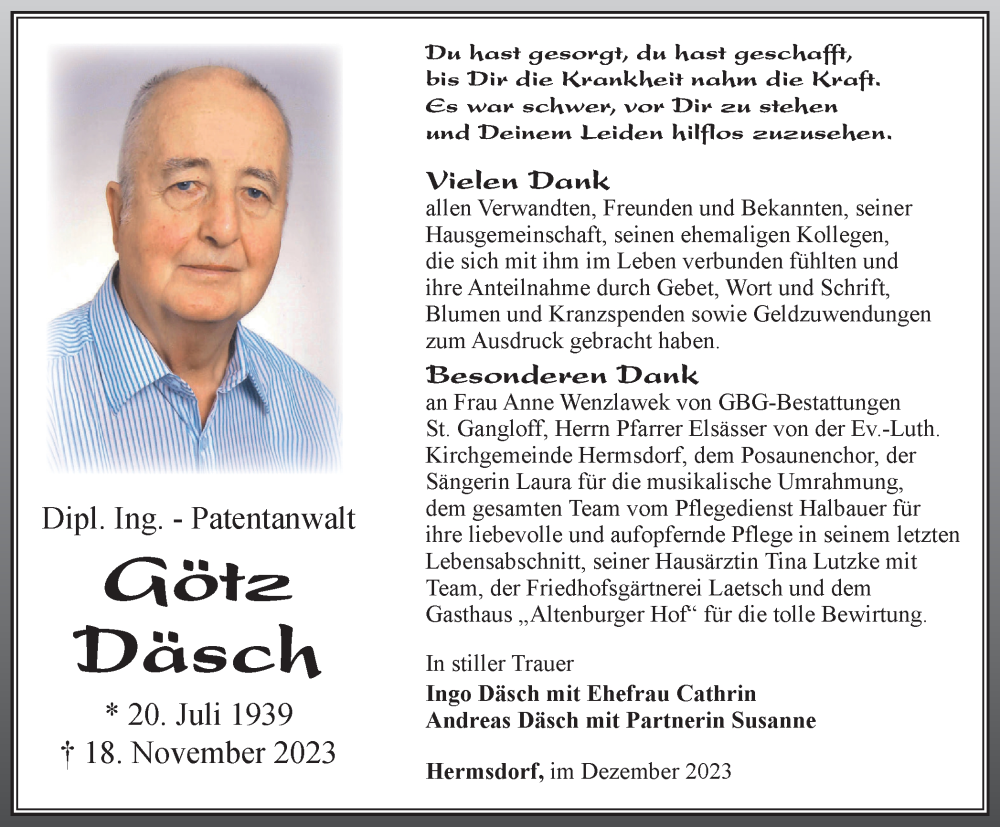  Traueranzeige für Götz Däsch vom 30.12.2023 aus Ostthüringer Zeitung