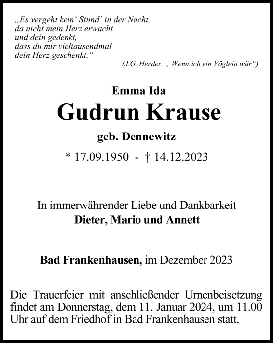 Traueranzeige von Gudrun Krause von Thüringer Allgemeine