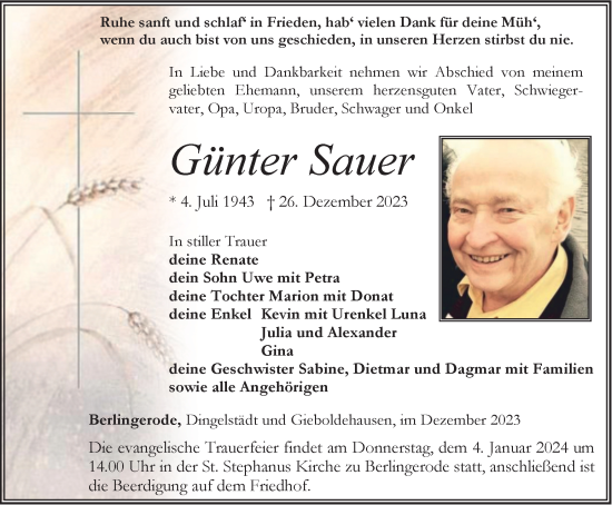 Traueranzeige von Günter Sauer von Thüringer Allgemeine