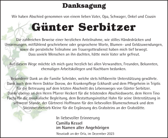 Traueranzeige von Günter Serbitzer