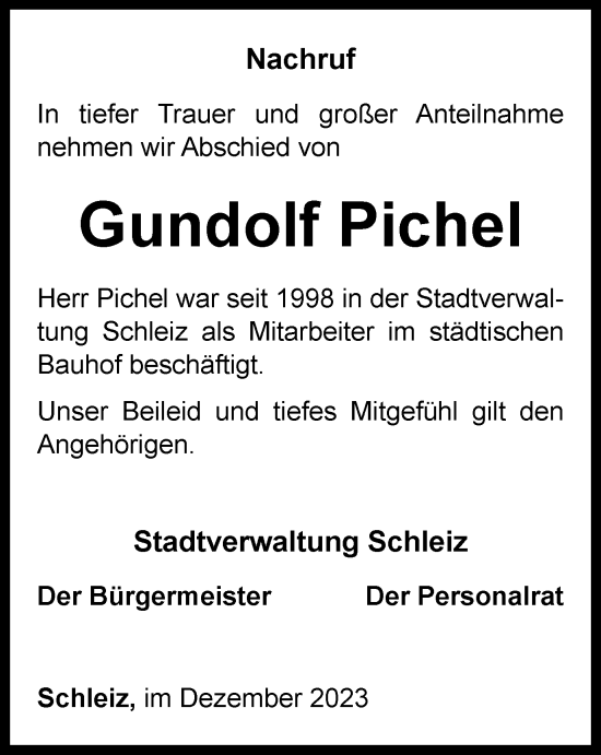 Traueranzeige von Gundolf Pichel von Ostthüringer Zeitung