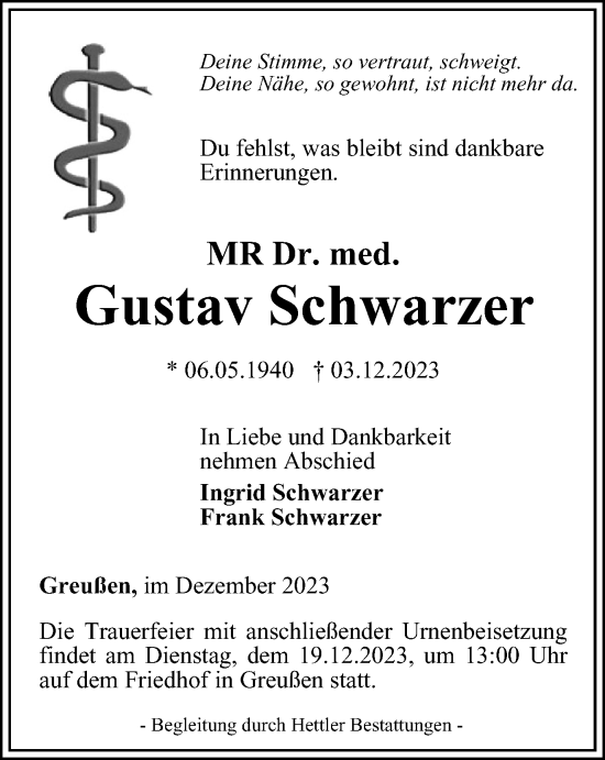 Traueranzeige von Gustav Schwarzer von Thüringer Allgemeine