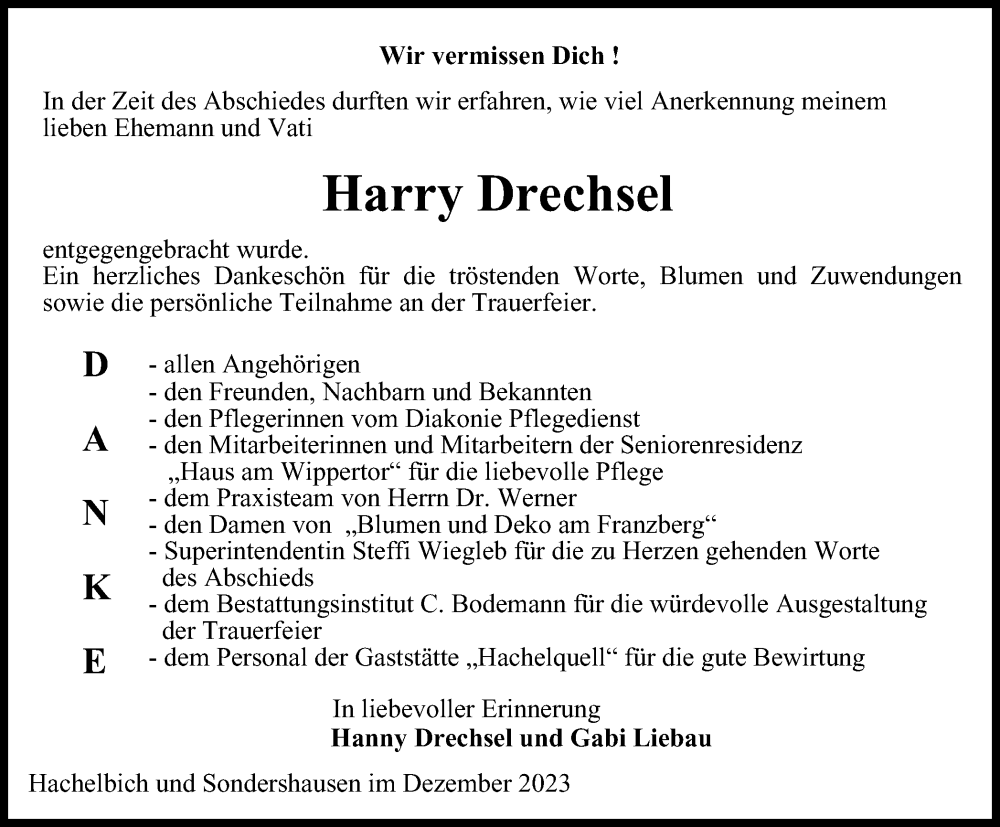  Traueranzeige für Harry Drechsel vom 16.12.2023 aus Thüringer Allgemeine