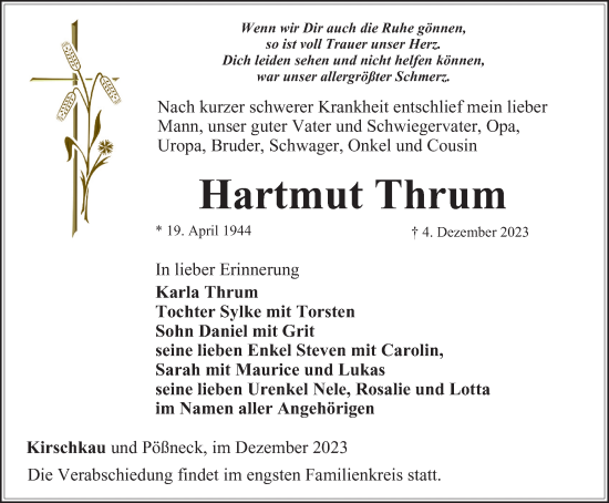 Traueranzeige von Hartmut Thrum von Ostthüringer Zeitung