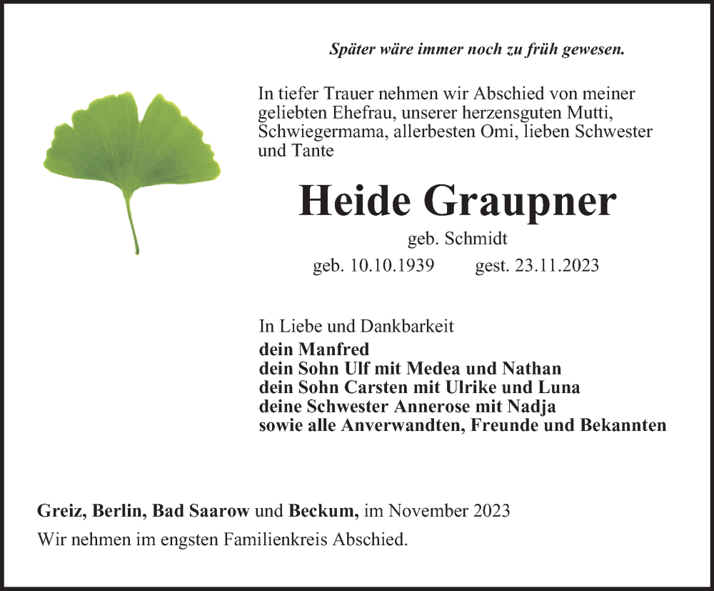  Traueranzeige für Heide Graupner vom 01.12.2023 aus Ostthüringer Zeitung