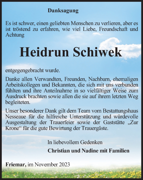 Traueranzeige von Heidrun Schiwek von Thüringer Allgemeine, Thüringische Landeszeitung