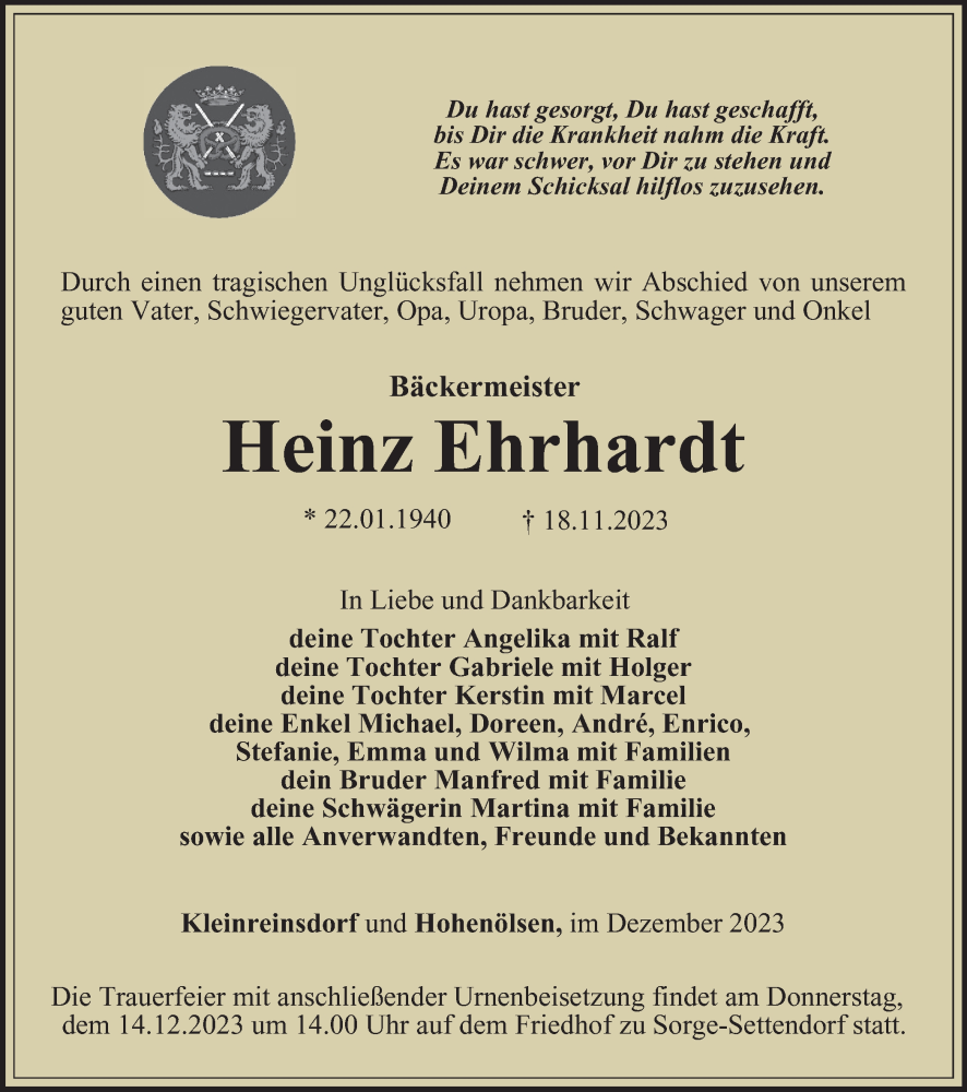  Traueranzeige für Heinz Ehrhardt vom 01.12.2023 aus Ostthüringer Zeitung