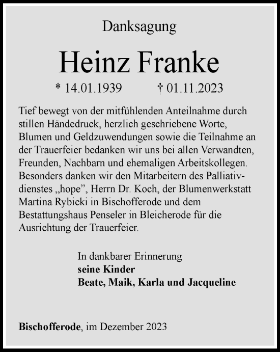 Traueranzeige von Heinz Franke von Thüringer Allgemeine