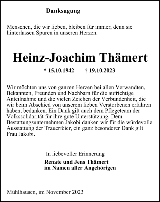 Traueranzeige von Heinz-Joachim Thämert von Thüringer Allgemeine, Thüringische Landeszeitung