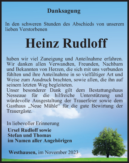 Traueranzeige von Heinz Rudloff von Thüringer Allgemeine, Thüringische Landeszeitung